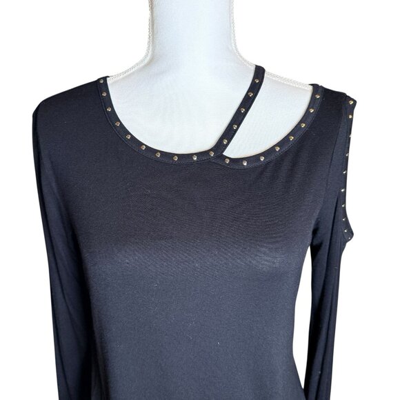 New Rock & Republic Long Sleeve Embellished Asymmetrical Cutout Top Black Medium - Picture 2 of 7